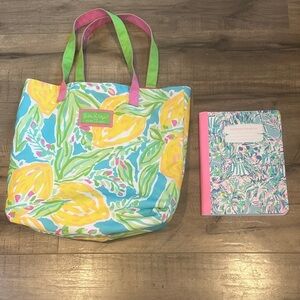 Lilly Pulitzer Blue and Yellow Floral Tote and used notebook